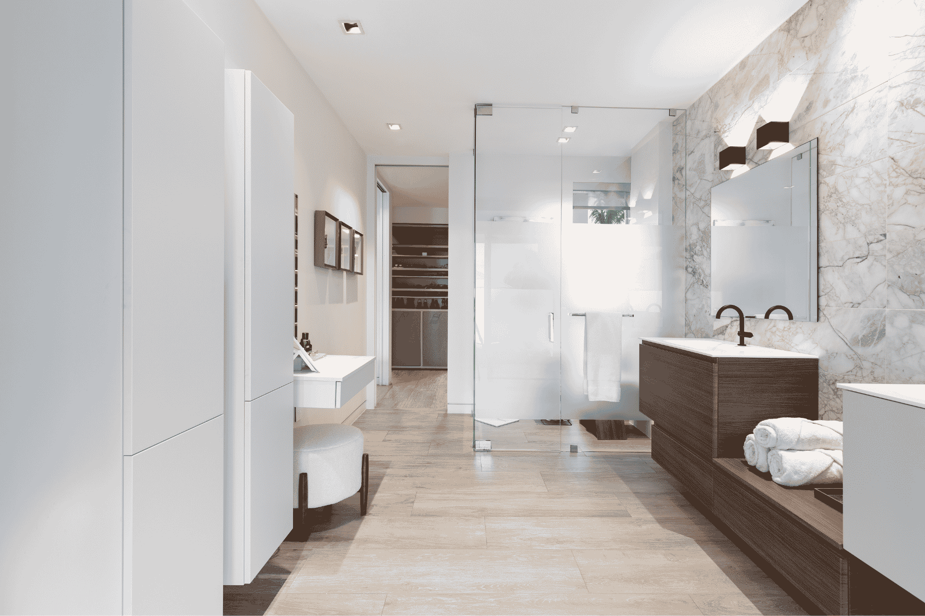 Vanity with Matching Shower Wall Surface